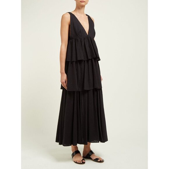 Rhode Resort Black Leela Fil Coupe Cotton Tiered Sleeveless Midi Dress Small NEW